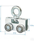 Front view of silver Four Wheel Trolley Rollers For Unistrut And Superstrut Channel Systems, fits 1-5/8 inch strut channel