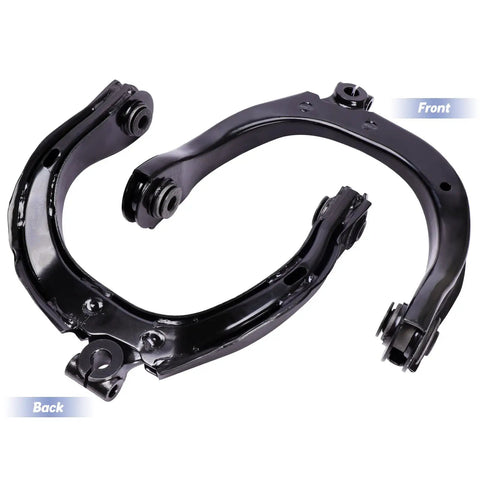 Bolt On Front Upper Control Arms With Ball Joints For Trailblazer Envoy SUVs 2002 To 2009 Upgrade Kit Includes Driver And Passenger Side Arms Plus Two Front Upper Ball Joints, black steel front view