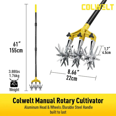 Rotary Cultivator Garden Tool For Loosening Compacted Soil 61 Inch With Detachable Aluminum Tines and yellow handle