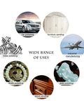 Wide range of uses for sanding discs including car polishing, furniture sanding, and wood polishing for various materials.