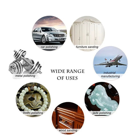 Wide range of uses for sanding discs including car polishing, furniture sanding, and wood polishing for various materials.