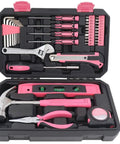 39 Piece General Household Tool Set In Toolbox Storage Case With Essential Hand Tools For Everyday Home Repairs DIY And Crafts Pink Ribbon Edition Includes Hammer Pliers Wrench Tape Measure Utility Knife Magnetic Level And More in open case showing tools.