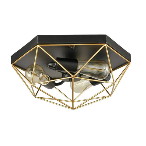 Brass Industrial Flush Mount Ceiling Light 3 Light Square Cage Fixture In Black And Gold Close To Ceiling Design