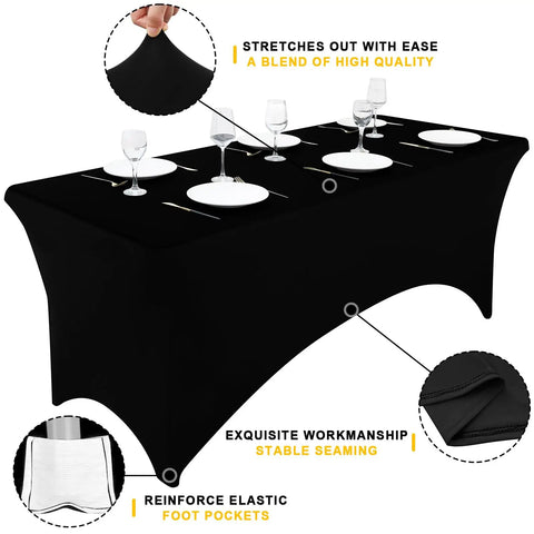 Two Pack Spandex Tablecloths 6 Ft Elastic Fitted Stretch Rectangular Patio Table Cover For Outdoor Tables Wrinkle Free And Washable Black 72x30x30 With Four Elastic Leg Pockets For Outdoor Parties And Weddings on table