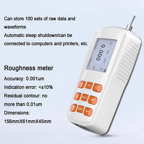 Go-To Portable Handheld Surface Roughness Gauge with LCD Display and Metal Probe, Ultra Precise 0.001 μm, shown in side view with control buttons visible.