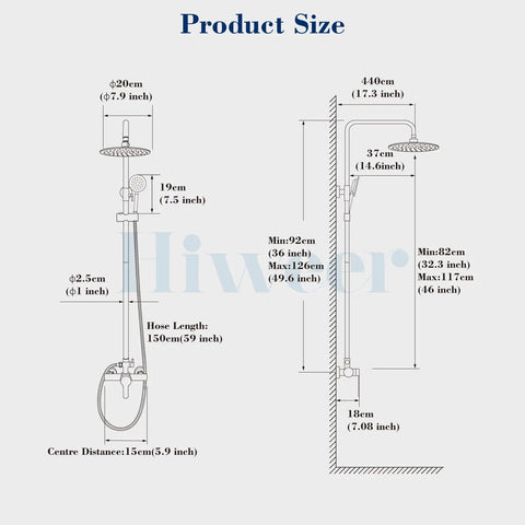 Diagram of Matte Black Outdoor Shower System With Rainfall Head And Hand Spray, Exposed Exterior Shower Fixture, dimensions shown