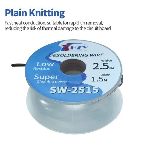 Desoldering Wick Braid Kit With Flux, spool labeled SW-2515, 2.5mm width, 1.5m length, for PCB electronics repair low residue.