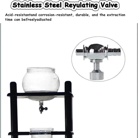 Chill Out Daily With This Sleek Cold Brew Drip Tower Ice Coffee Maker Featuring Smooth Slow Drip Tech And A Killer Thirty Five Ounce Batch Capacity Perfect For Lazy Weekend Sippers In Heat Resistant Borosilicate Glass And Rustic Oak Wood Frame with a stainless steel regulating valve.