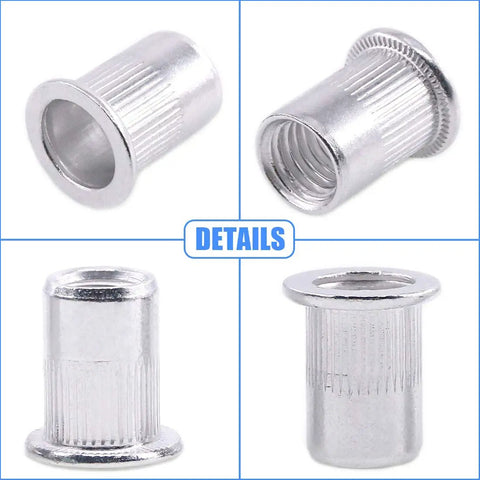 Close-up details of Aluminum Rivet Nut Set Kit 110Pcs Flat Head Threaded Nutsert Inserts M3 M4 M5 M6 M8 M10 for Auto Body DIY Pros.