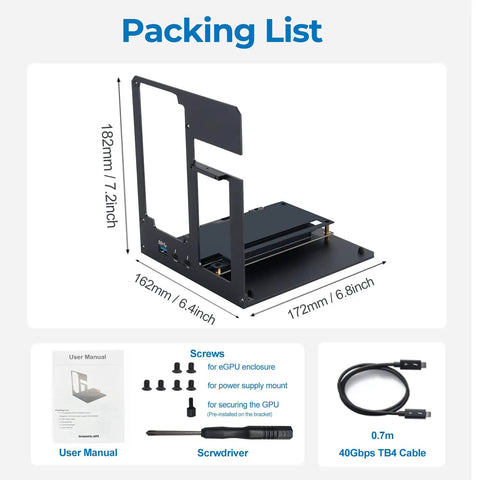 Next Level External Egpu Dock With Thunderbolt 3 And 4 Plus USB4 Support And 85W PD Charging, packing list including enclosure and accessories.