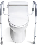 Built Heavy Duty Bathroom Safety Rail For Seniors Featuring Height And Width Adjustable Handles With Thick Padded Foam Grip For Rock Solid Stability Up To 350 Lbs With Zero Drama Installation above a toilet.
