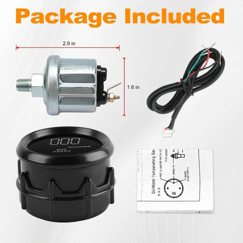 52mm metal oil pressure gauge kit (DC12V) with sender, wiring harness, mounting hardware for 0–150 PSI