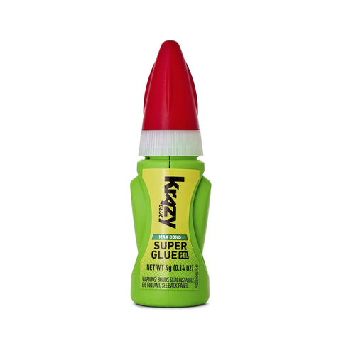 Front view of Max Bond Gel EZ Squeeze Crazy Strong Heavy Duty Super Glue Ultra Fast 10 Second Set in a green and red bottle
