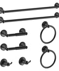 Matte Black Bathroom Accessories Set Kit With 2 24 Inch Towel Bars, 2 Towel Rings, 2 Toilet Paper Holders, And 2 Hooks displayed