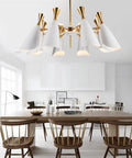 Twelve Head Aluminum Pendant Lamp For Dining Room Modern Hanging Chandelier Fixture Ultra Sleek Design over a wooden dining table.