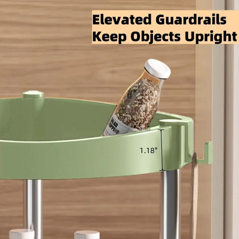 Two Tier 360 Degree Rotating Lazy Susan Spice Rack Organizer with guard rails, visible spice bottle elevated in rack.