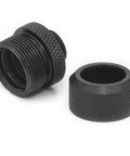 Black 14mm hard tubing compression fittings for PC cooling.