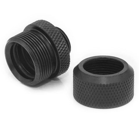 Black 14mm hard tubing compression fittings for PC cooling.