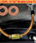 Two 25 Feet 3/16 Brake Line Copper Nickel Tubing Repair Kit With Stainless Steel Clamps Bendable Tubing And 32 Fittings For Quick Brake System Repairs And All Necessary Fittings Included shown with copper tubing and fittings installed in a vehicle brake system