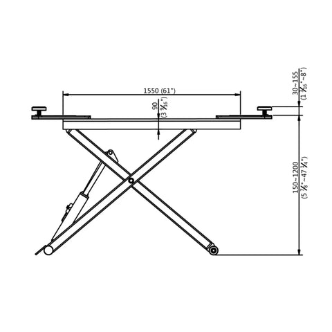 Detailed diagram of Portable Mid Rise Scissor Lift With 6600 Pound Capacity And 55 Inch Max Lift Height showing dimensions and hydraulic mechanism.