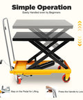 Heavy Duty Hydraulic Lift Table Cart With Smooth Rolling Locking Casters And Quick Fold Design showing simple operation for lifting.