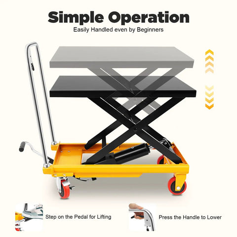 Heavy Duty Hydraulic Lift Table Cart With 500 Pound Boss Grade Capacity Foot Pedal Pump Reinforced Steel Deck And Locking Casters showing its lifting mechanism and foot pedal operation.