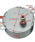 Built Tough Synchronous Motor AC 12V 220V 50Hz 60Hz with dimensions labeled, showing the durable design for appliance use.