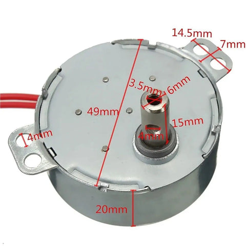 Built Tough Synchronous Motor AC 12V 220V 50Hz 60Hz with dimensions labeled, showing the durable design for appliance use.