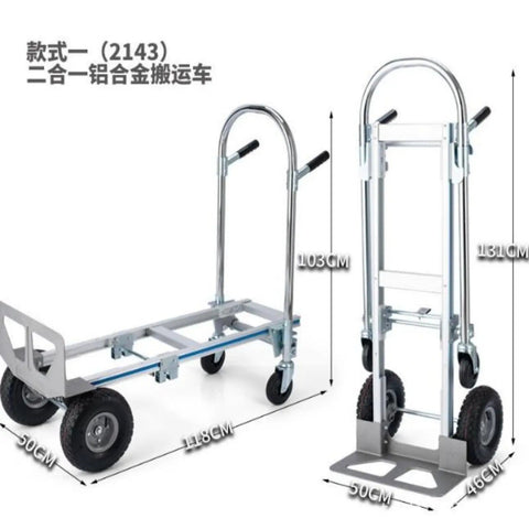 Heavy Duty 2 In 1 Convertible Platform Cart Aluminum Alloy Folding Hand Truck With Stair Climbing Wheels showing dimensions and design.