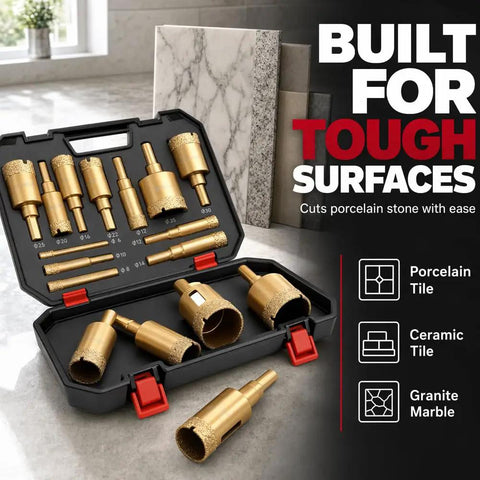 Solid 12 Pack Diamond Hole Saw Kit Brazed Bits For Cutting Ceramic Porcelain Tile Granite Marble Glass Dry Or Wet With No Slip Guide And Storage Bag 1/4 To 2 Inches Gold kit in case with bits for porcelain, ceramic, granite and marble