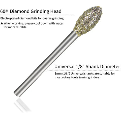 Diamond Grinding Burr Bit Set For Rotary Tools 30 Pcs With One Eighth Inch Shank Diamond Coated Burrs close-up view.