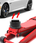 Universal BMW Mini jack adapter pad; rubber square polyurethane frame rail protector, 2-pack, on red hydraulic jack