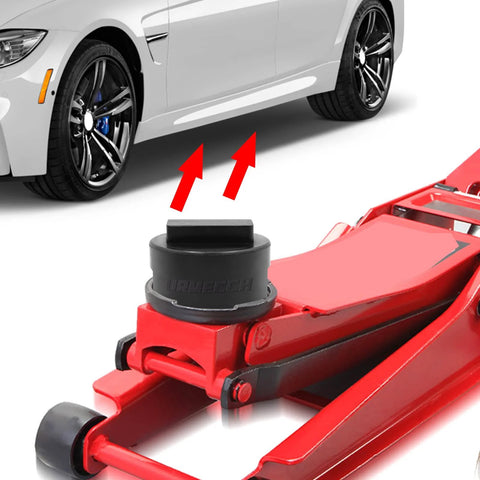Universal BMW Mini jack adapter pad; rubber square polyurethane frame rail protector, 2-pack, on red hydraulic jack