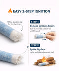Emergency Cotton Fire Plugs For Camping And Survival Wax Coated Fire Starters That Catch Quick Without Tinder Or Liquids 20 Count For Outdoor Adventure Ready, showing 2-step ignition process with frayed white cotton tip and kindling