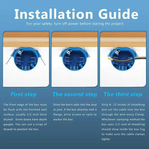Installation guide for 1 Gang PVC Round Ceiling Electrical Box 4 Inch Diameter With Grounding Lug And Screw No Fuss Quick Install