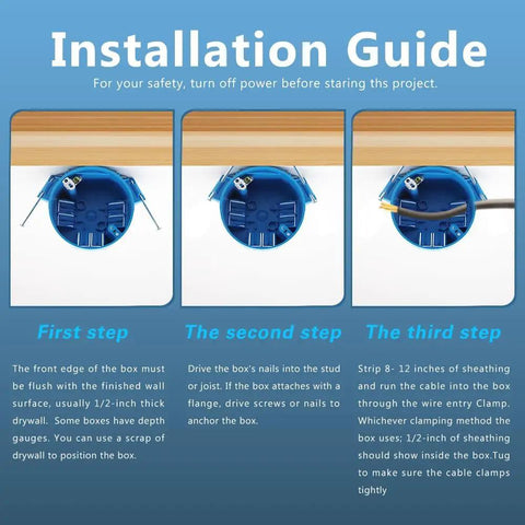 Installation guide for Round Plastic Electrical Ceiling Box With Ground Lug For 1 Gang 4 Inch Diameter Circuits Blue ETL Listed