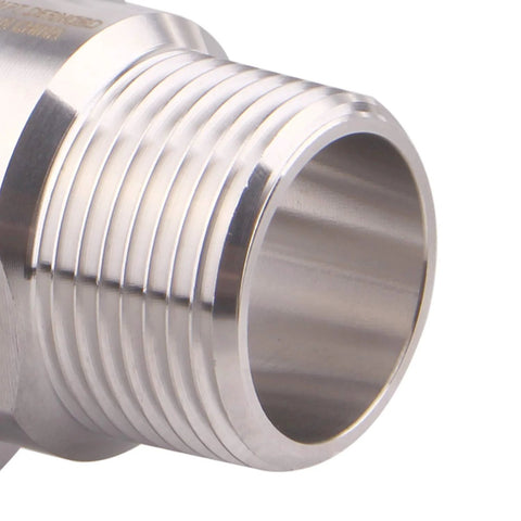 DERNORD stainless steel 1.5-inch sanitary tri-clamp to 3/4-inch male tri-clover fitting, close-up of end