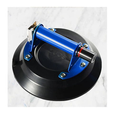 Heavy Duty 10 Inch Vacuum Suction Cup With Metal Handle For Granite Slabs Glass And Tile Manual Pump Lifter Tool showing blue handle and black base.