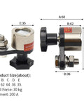 Beefy Magnetic Welding Ground Clamp 200A With Switchable On Off Control, shown with dimensions and components