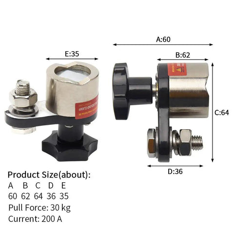 Beefy Magnetic Welding Ground Clamp 200A With Switchable On Off Control, shown with dimensions and components
