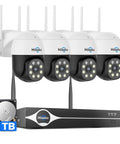 4K Wireless Outdoor Security Camera System, 8MP 4 Cam Kit With 5G And 2.4G WiFi, Auto Tracking, Pan Tilt, Color Night Vision, Two Way Audio, 16CH NVR, 1TB Storage, No Subscription Home Surveillance in packaging with cameras and NVR unit visible