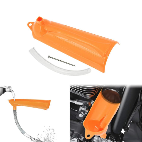 Spill Free Primary Oil Fill Funnel Kit With Oil Filter Wrench, 4 Piece Orange Set showing funnel and components.