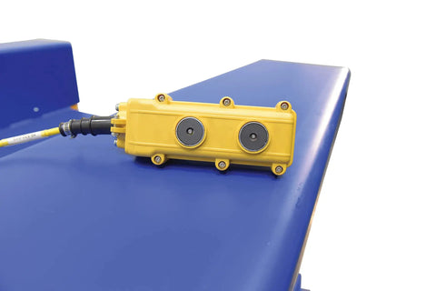 Electric Hydraulic Ground Lift Table With Tilt Top control panel, yellow switch on blue surface, easy operation for heavy lifting.
