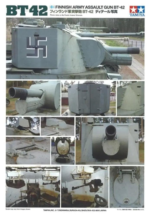 Detailed view of Finnish Army BT-42 Assault Gun Model Kit 1/35 Scale, showing turret, barrel, and decals on captured BT-7 hull.