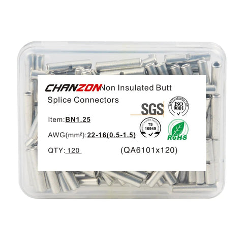 Non Insulated Butt Connectors BN1.25 Kit, 120 Pieces For 16 To 22 AWG Wire, Copper 0.8mm Thickness, Durable Crimp Terminals, Handy Automotive Electrical Connectors in clear case