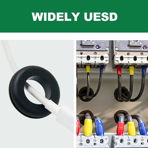 Close-up of 180 Piece Rubber Grommet Set for Wiring in use with cables showing assorted sizes from one quarter inch to one inch