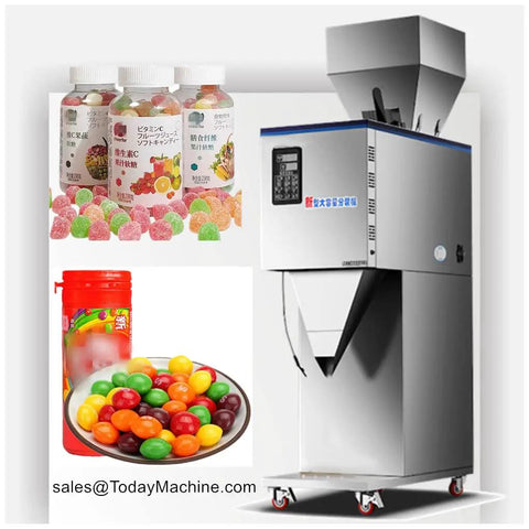 Heavy Duty Ground Coffee Weigh And Fill Machine Featuring Smooth Vibrating Feed Hopper Designed To Make Commercial Bagging A Straight Up Breeze For Local Roasters Seeking Foolproof Automation Daily with colorful candy jars.