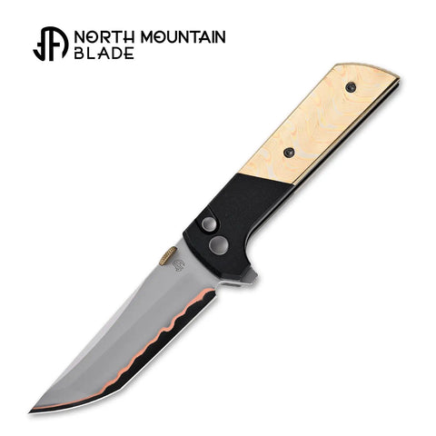 Chop2 Folding Pocket Knife With 3.35 Inch Tanto SLD Steel Blade And Copper Layer Accents Aluminum Handle With Copper Damascus Patch Built For EDC Outdoor Camping And Everyday Carry Use