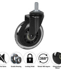 Badass 3 Inch Rubber Caster Wheels Set Of 4 With 3/8 Threaded Stem Heavy Duty Swivel Casters showing a single wheel with locking pedal.