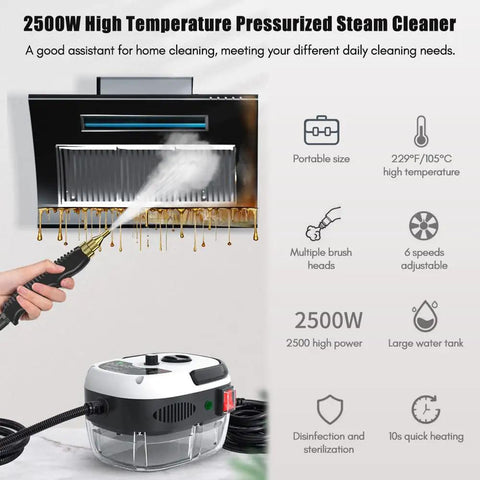 Portable Handheld Steam Cleaner Pressurized Steam Cleaning Machine Red High Temp 221F 3Bar 10s Quick Heat 6 Speed Settings 3 Brush Heads Nuke Grease And Grime Kitchen Bathroom Walls Heavy Duty Beast Mode Steam Blaster in use on a greasy stove.